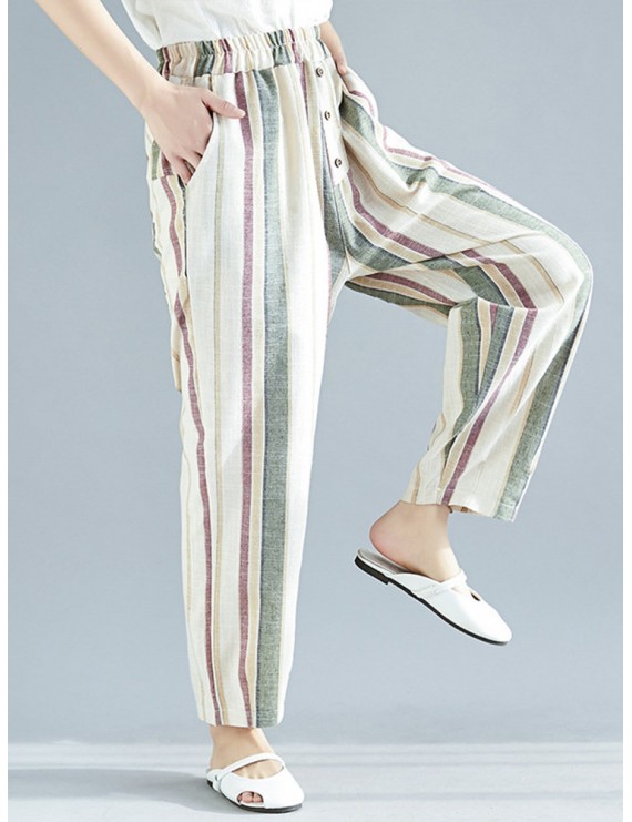 Striped Elastic Waist with Pockets Harem Pants