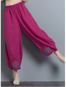 Vintage Embroidery Casual Loose Women Wide Leg Pants