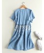 Denim Embroidery Short Sleeve V-neck Casual Dresses