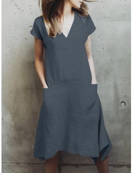 Solid Color Pockets Irregular Short Sleeve Casual Dress