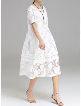 Women Jacquard O-Neck Short Sleeve Billowing Two-Piece Dresses