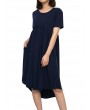 Pure Color Pleated Irregular Short Sleeve O-neck Casual Dresses