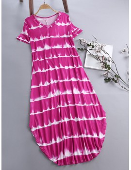 Striped Short Sleeve Sundress Pocket Maxi Casual Dresses