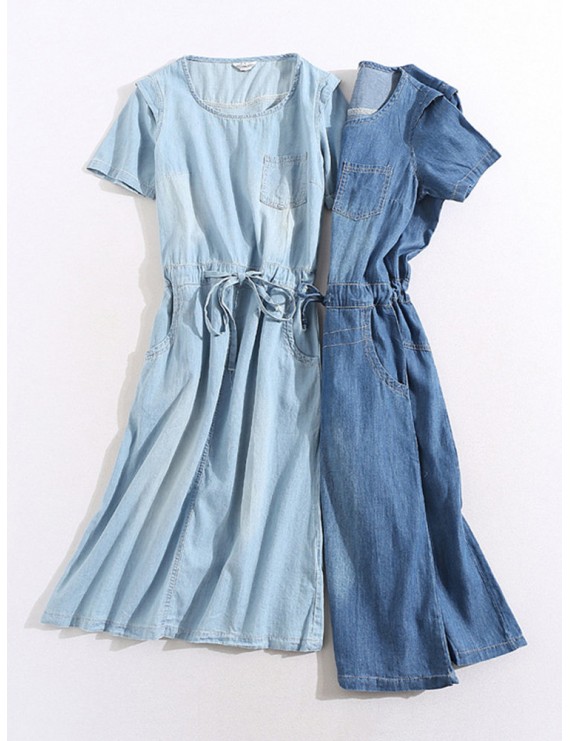 Denim Pocket Short Sleeve O-neck Casual Dresses