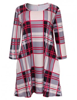 Plaid Women O-neck Long Sleeve Pockets Mini Dresses