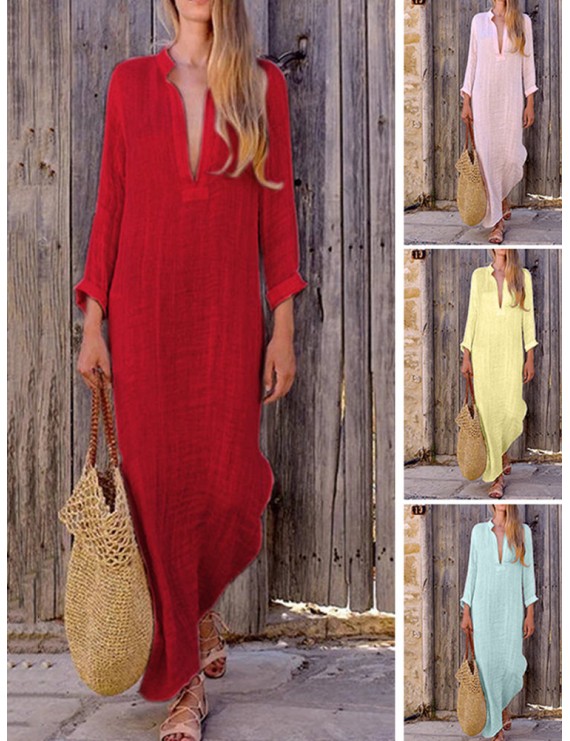 Deep V-neck Solid Color Cotton Maxi Casual Dresses