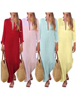 Deep V-neck Solid Color Cotton Maxi Casual Dresses