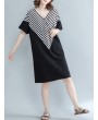 Casual Stripe Patchwork Loose Half Sleeve V-neck Women Dress