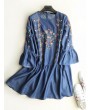 Denim Embroidery Long Pagoda Sleeve Casual Dresses