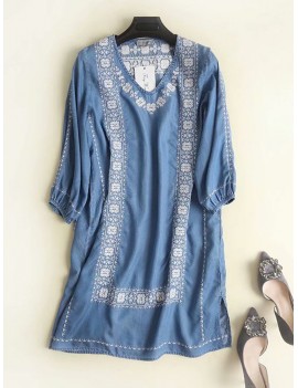 Denim Embroidery Half Sleeve V-neck Casual Dresses