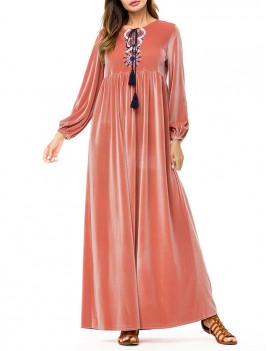 Islam Muslim Velvet Embroidery Pink Long Sleeve Dress