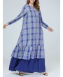 Loose Plaid Ruffle Blue Long Sleeve Dress