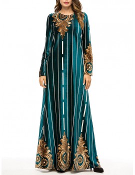 Velvet Printed Striped Long Sleeve Islam Muslim Long Dress