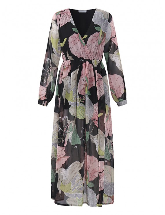 Bohemian Floral Print Splited Long Sleeve V-neck Women Maxi Dresses