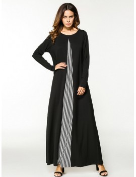 Women Long Sleeve Patchwork Loose O-Neck Long Maxi Dresses