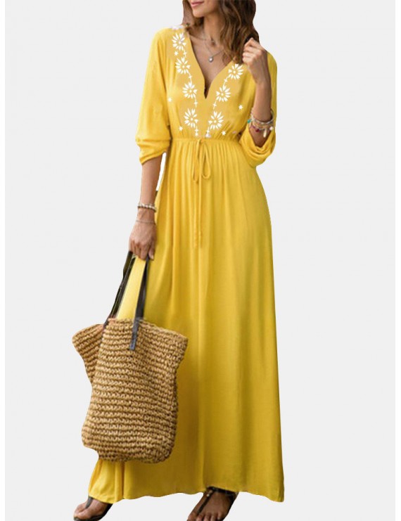 Bohemian V-Neck Long Sleeve Floor Length Maxi Dress