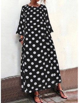 Polka Dots Print Short Sleeve Pockets Maxi Dress