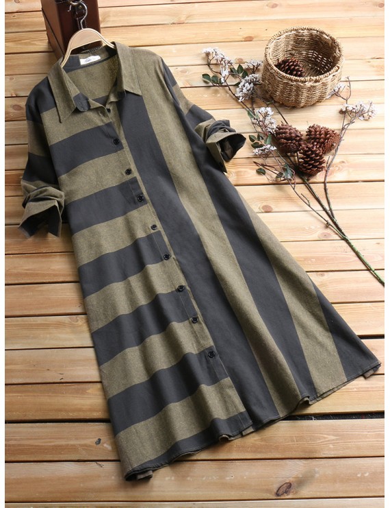 Patchwork Stripe Long Sleeve Lapel Vintage Shirt Dresses