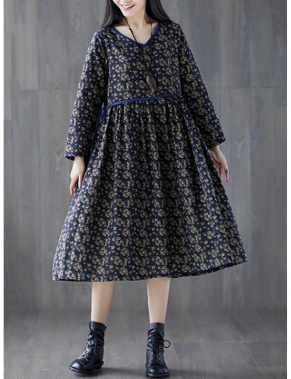 Tie Waist Floral Print Loose Long Sleeve Vintage Dresses