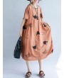 Loose Cat Print Short Sleeve O-neck Vintage Mid-long Dresses