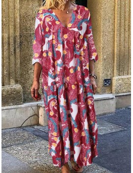 Ethnic Floral Print 3/4 Sleeve Maxi Dress For Women