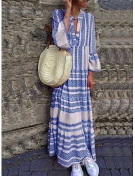 Patchwork Stripe Print Long Sleeve Maxi Dress For Women