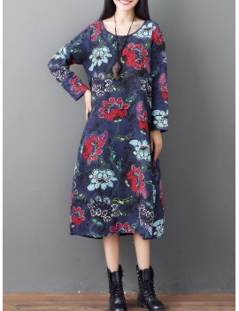 Loose O-neck Floral Print Long Sleeve Vintage Mid-long Dress