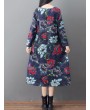 Loose O-neck Floral Print Long Sleeve Vintage Mid-long Dress