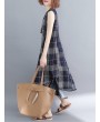 Sleeveless Plaid Print Irregular O-neck Vintage Dresses