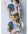 Vintage Random Print Short Sleeve V-neck Dress For Women