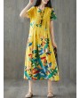 Frog Button Print Short Sleeve O-neck Vintage Dresses