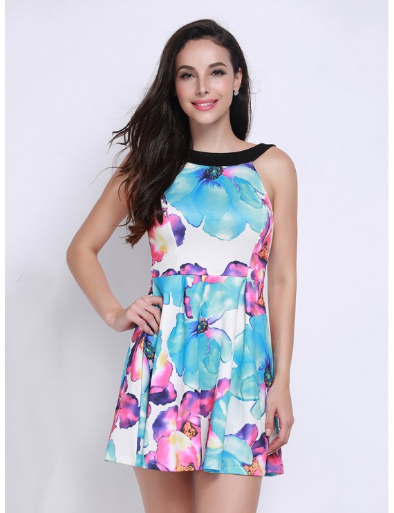 Casual Ladies Floral Print Halter Neck Dress