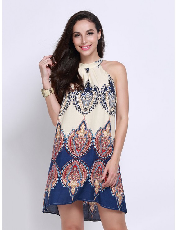 Women Sleeveless Halter Print Mini Dress