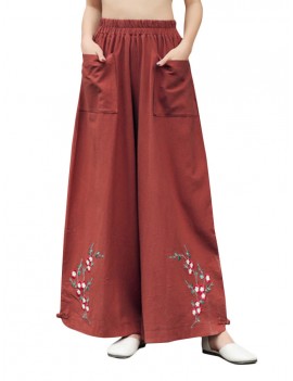 Vintage Ethnic Style Solid Color Embroidered Wide-leg Pants