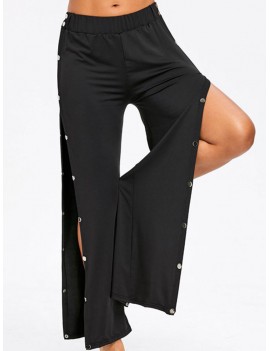 Casual Side Button Splited Pure Color Elastic Waist Pants