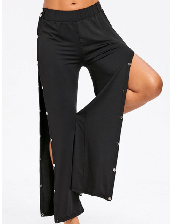 Casual Side Button Splited Pure Color Elastic Waist Pants