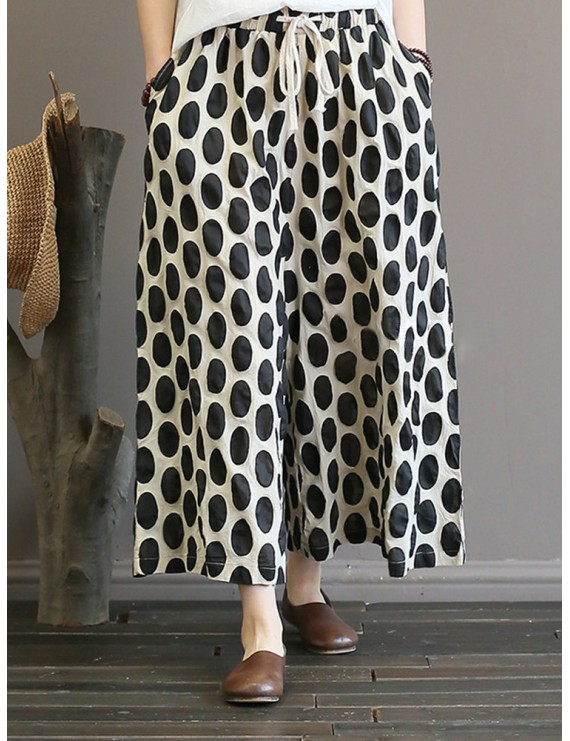 Drawstring Waist Polka Dot Print Wide Leg Vintage Pants