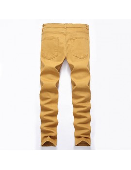 Khaki High Elastic Knee Zipper Opening Holes Ripped Jeans for Men