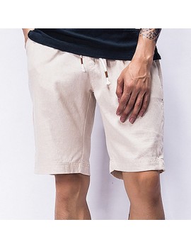 Mens Summer Cotton Linen Elastic Waist Drawstring Solid Color Knee Length Casual Beach Shorts