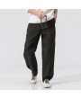 Mens Cotton Linen Breathable Loose Pants Zip Fly Elastic Waist Solid Color Casual Pants