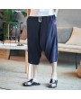 Men's Casual Cotton Linen Loose Pants Elastic Waist Knee Length Pants