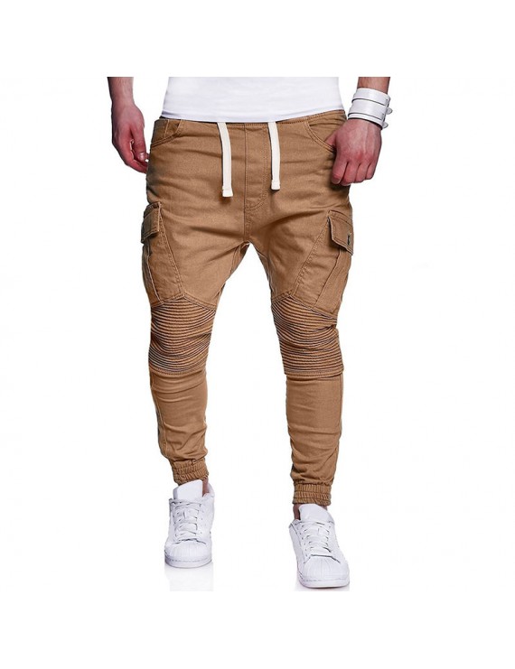 Mens Multi-pocket Cargo Pants Elastic Waist Solid Color Slim Fit Casual Trousers