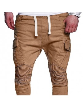 Mens Multi-pocket Cargo Pants Elastic Waist Solid Color Slim Fit Casual Trousers