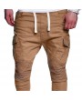 Mens Multi-pocket Cargo Pants Elastic Waist Solid Color Slim Fit Casual Trousers