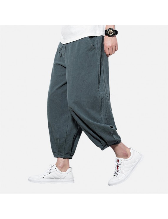 Mens Baggy Pants Streetwear Loose Cotton Linen Harm Pants Chinese Style Trousers