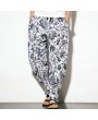 Mens Summer Ethnic Style Printed Baggy Loose Drawstring Breathable 100%Cotton Casual Pants