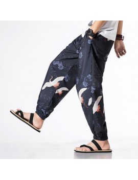 Mens National Style Crane Printing Loose Drawstring Casual Harem Pants