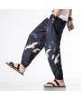 Mens National Style Crane Printing Loose Drawstring Casual Harem Pants