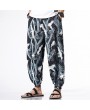 Mens National Style Crane Printing Loose Drawstring Casual Harem Pants