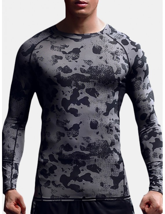 Mens Running Patchwork Long Sleeve Skinny Tops Elastic Quick-drying Jogging Sport T Shirts